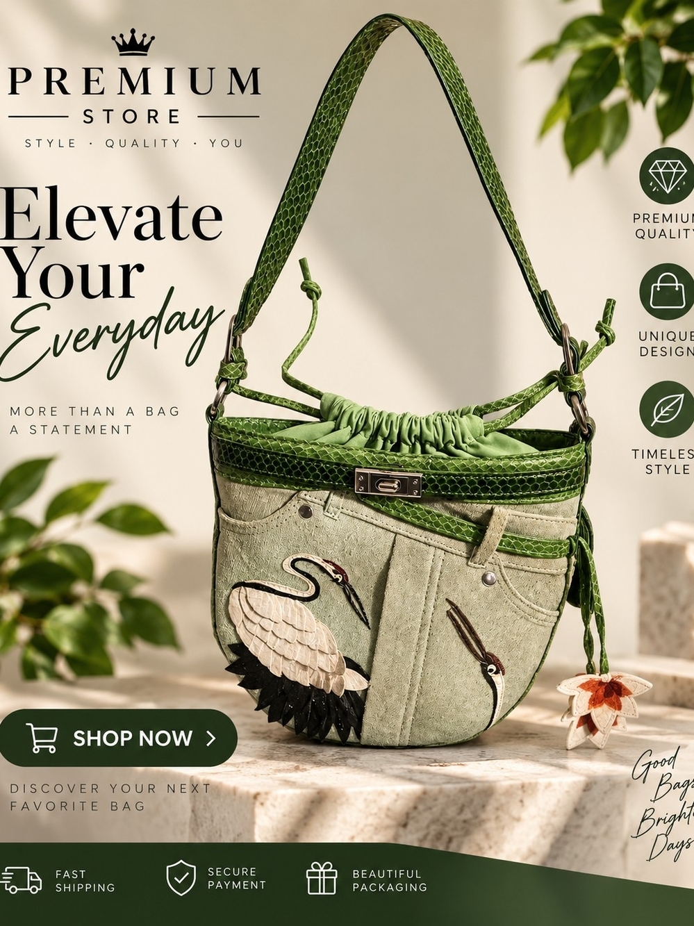 Green Crane-Embroidered Shoulder Bag by